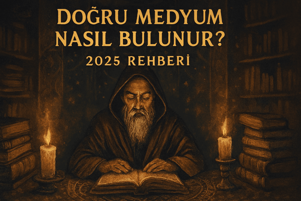 Dogru medyum nasil bulunur konulu makalenin kapak gorseli – gizemli atmosferde medyum figuru ve baslik yazisi