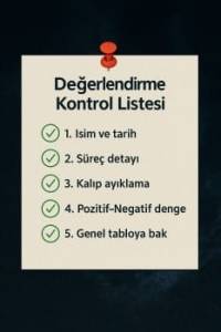 Yorum analizi için kontrol listesi – 5 maddelik rehber, yeşil tikler ve mistik mavi arka plan