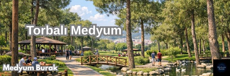 Torbalı'da bir park manzarası, yürüyüş yolları, köprüler ve göletin etrafında oturan insanlarla birlikte ağaçlar.